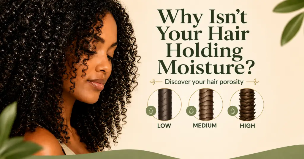 Curly-haired woman on the left; ad about hair moisture with Low, Medium, High porosity diagrams on the right.