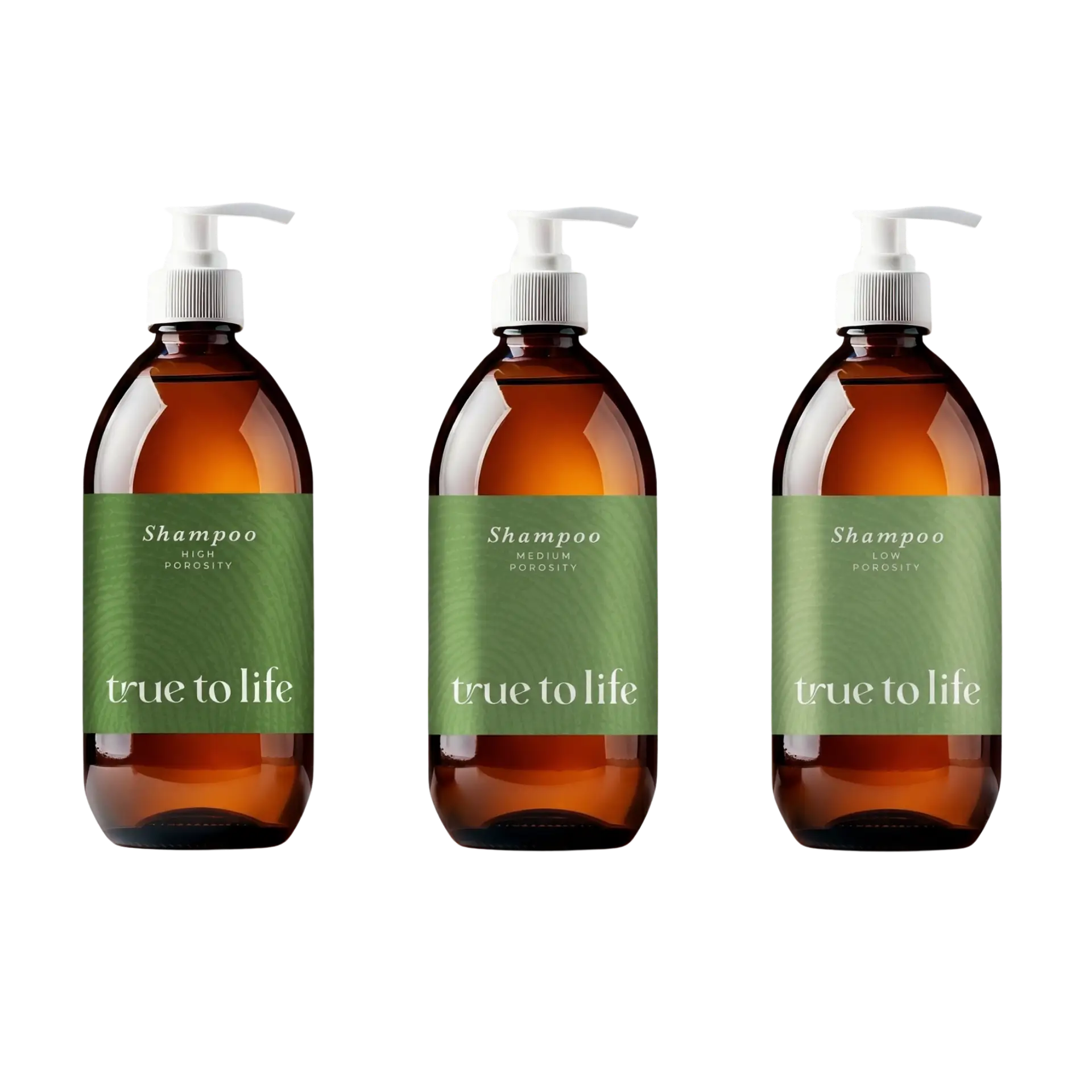 Three brown shampoo bottles with white pump tops lined up in a row against a black background; green labels read 'Shampoo' with varying porosity texts.