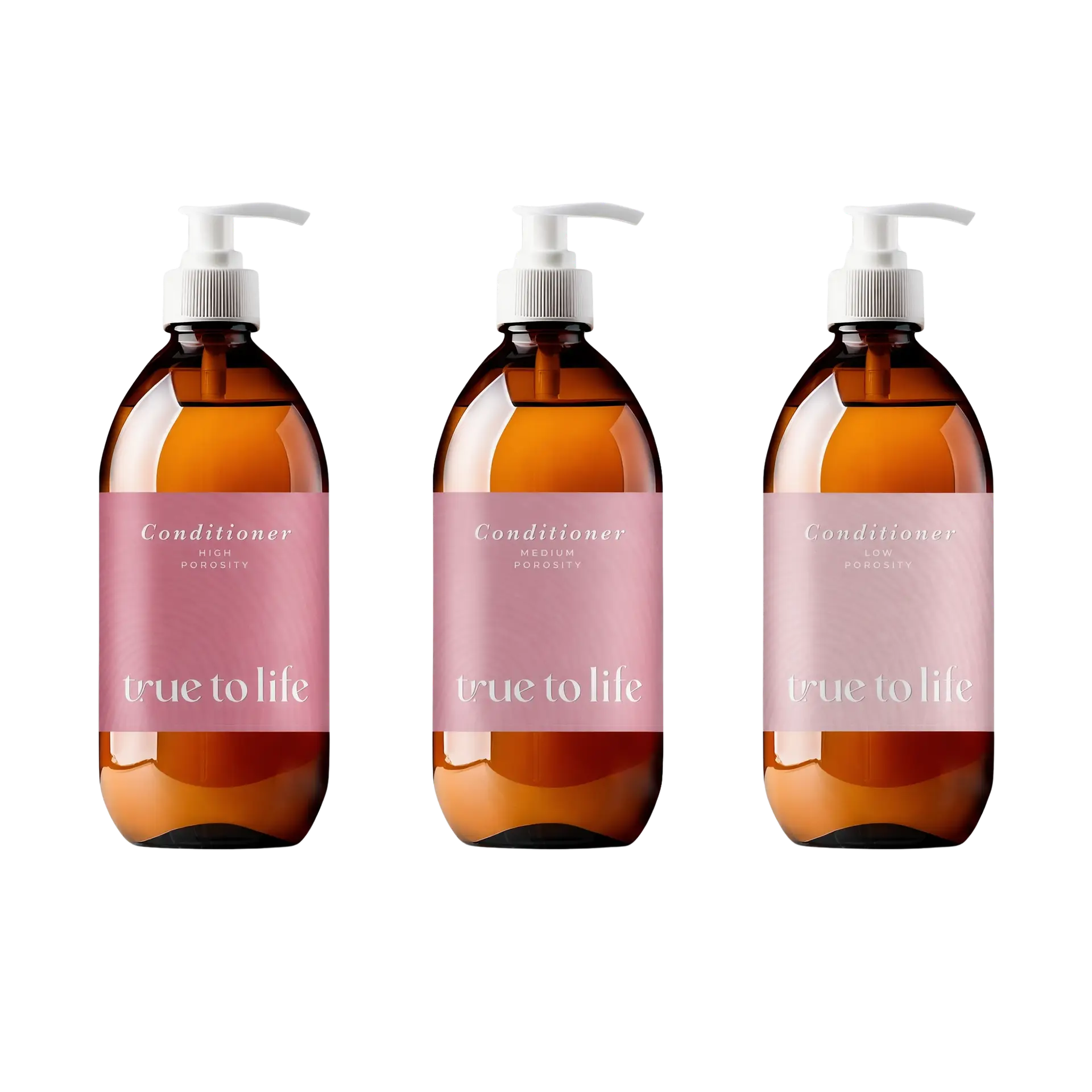 Three identical brown pump bottles with pink conditioner labels lined up on a black background, showing different porosity text: high, medium, and low.