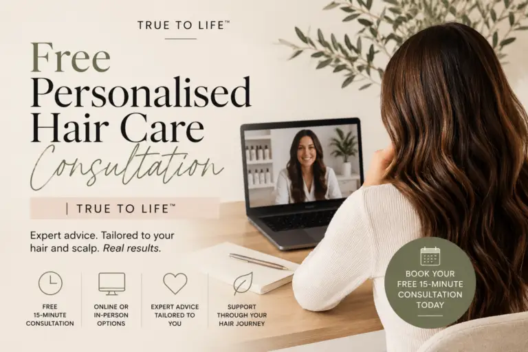 Free personalised hair care consultation banner with a woman on a video call and scheduling prompt on the right area (book your free 15-minute consultation today)