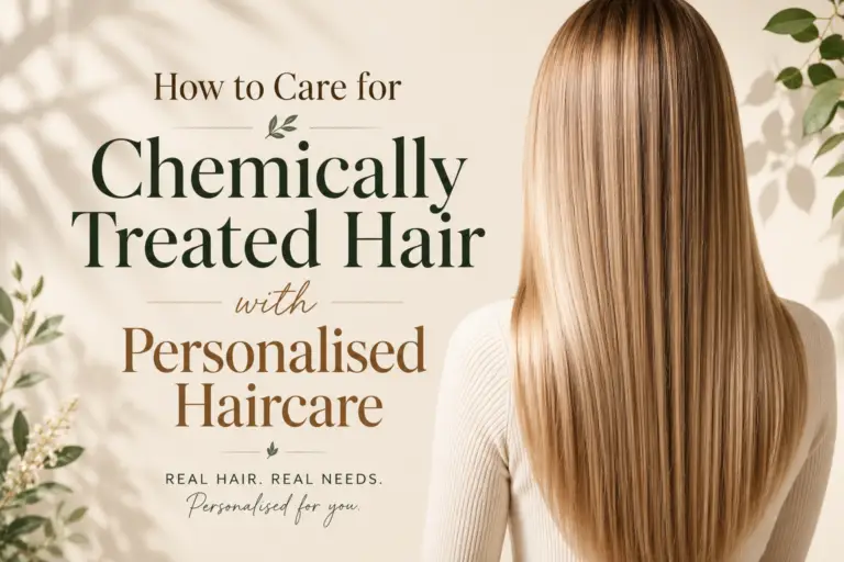 Back view of a person with long, straight blonde hair next to a beige background with promotional text: 'How to Care for Chemically Treated Hair with Personalised Haircare'.