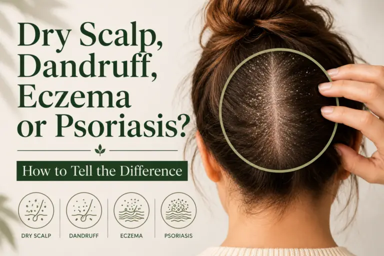 Informational banner explaining differences between dry scalp, dandruff, eczema, and psoriasis with a highlighted scalp diagram on the back of a head.