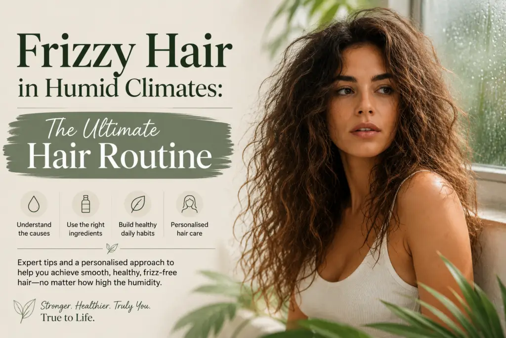 Banner: 'Frizzy Hair in Humid Climates: The Ultimate Hair Routine' with a curly-haired woman on the right.