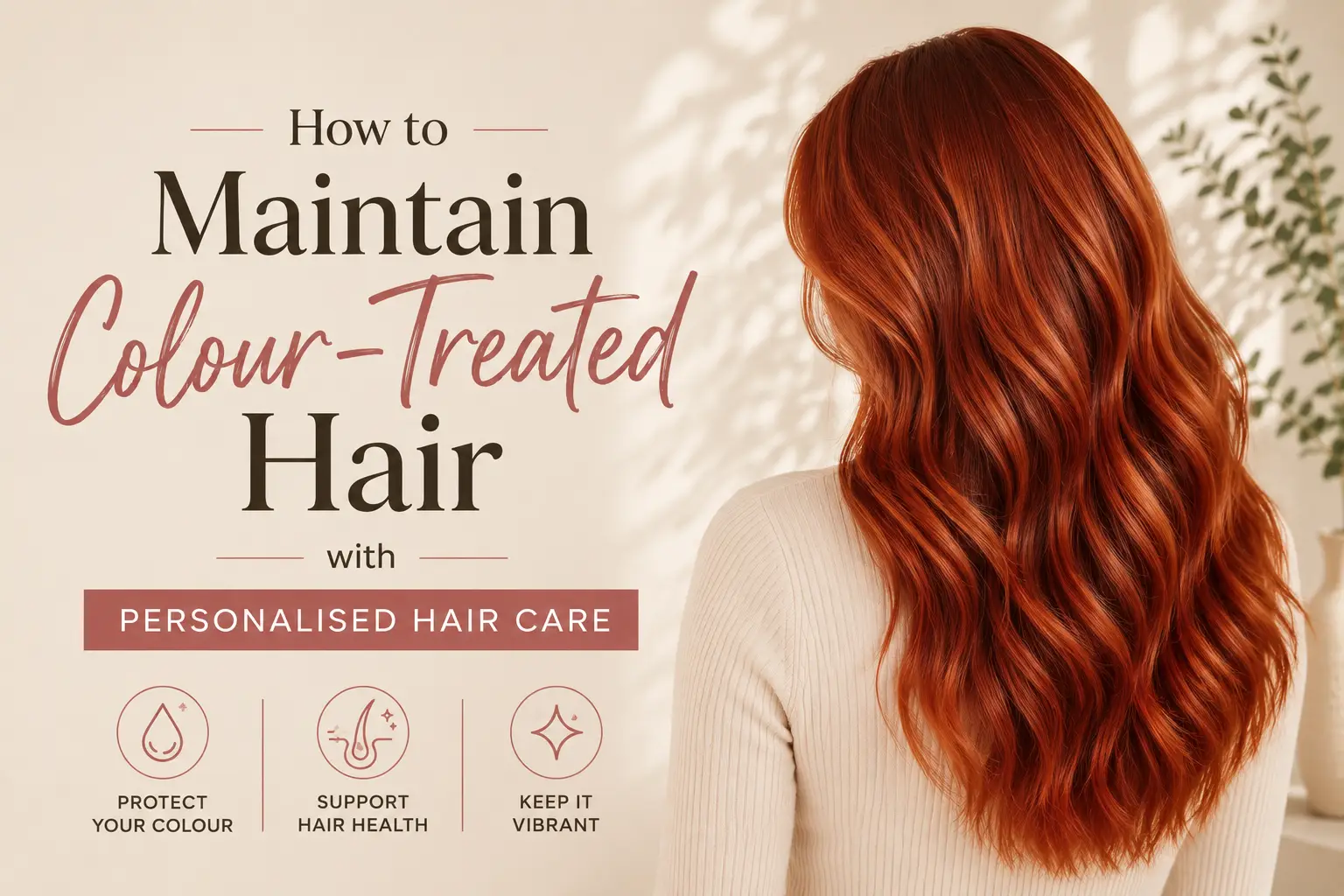 Promotional banner: back view of a person with long, wavy red hair beside text about maintaining colour-treated hair and personalised hair care services.
