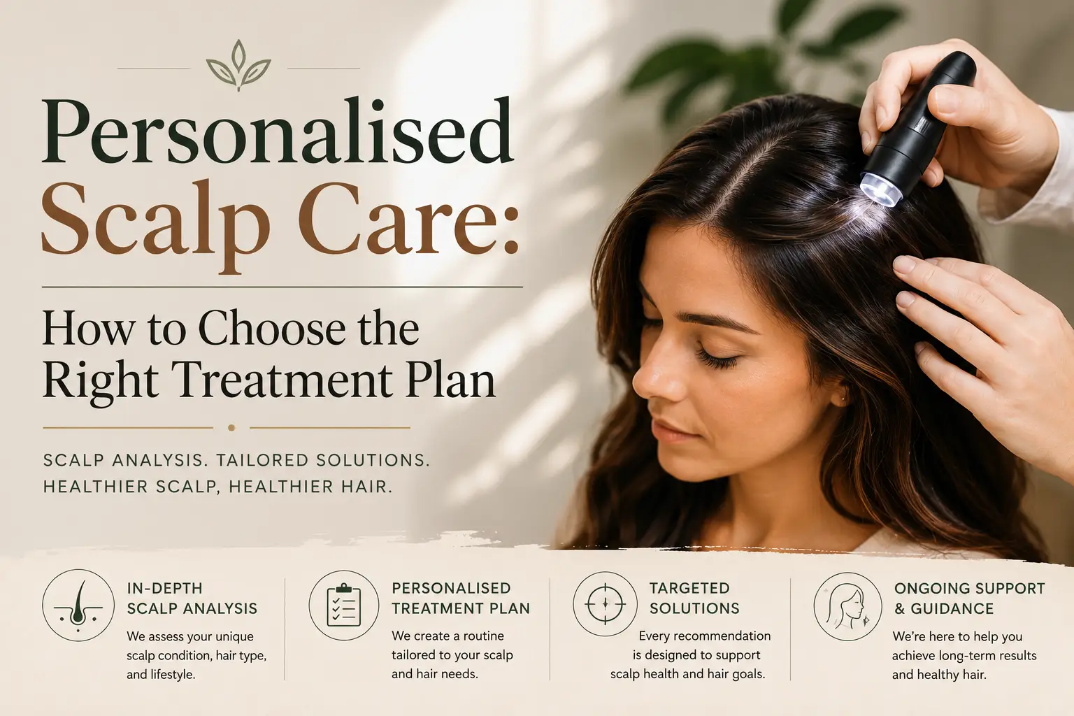 Hero banner promoting personalised scalp care; a clinician applies a scalp treatment to a woman's head on the right while large headline text appears on the left.