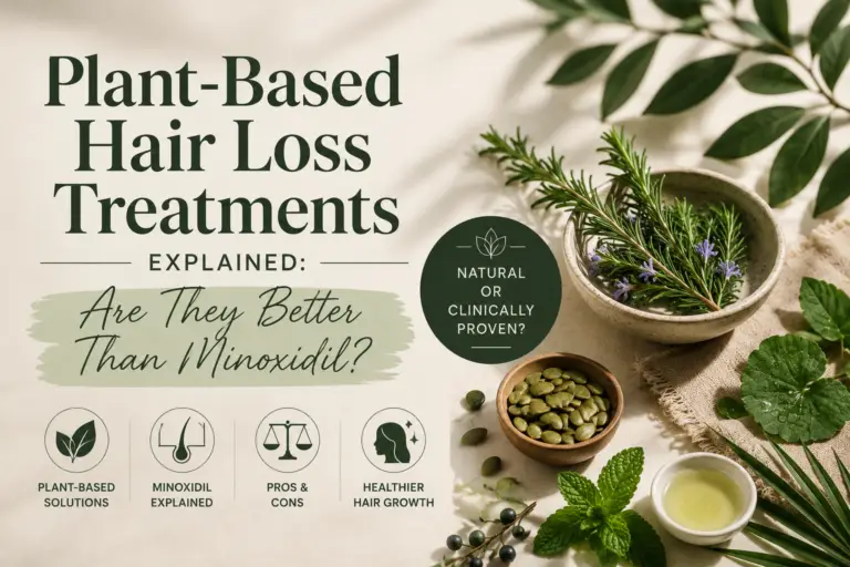 Promotional banner for plant-based hair loss treatments with large headline and herbal visuals, including bowls and leaves.