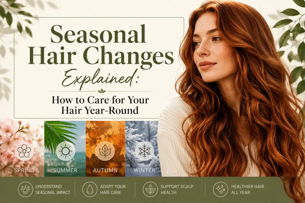 Framed title reading Seasonal Hair Changes Explained: How to Care for Your Hair Year-Round, with a woman on the right.