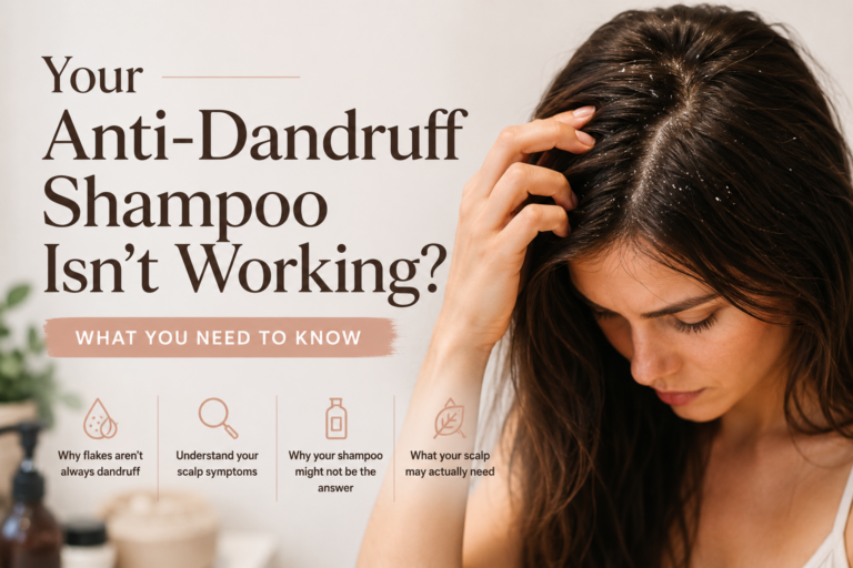 Banner ad: woman with flaky scalp on right, bold headline about anti-dandruff shampoo not working, and 'What you need to know' below.